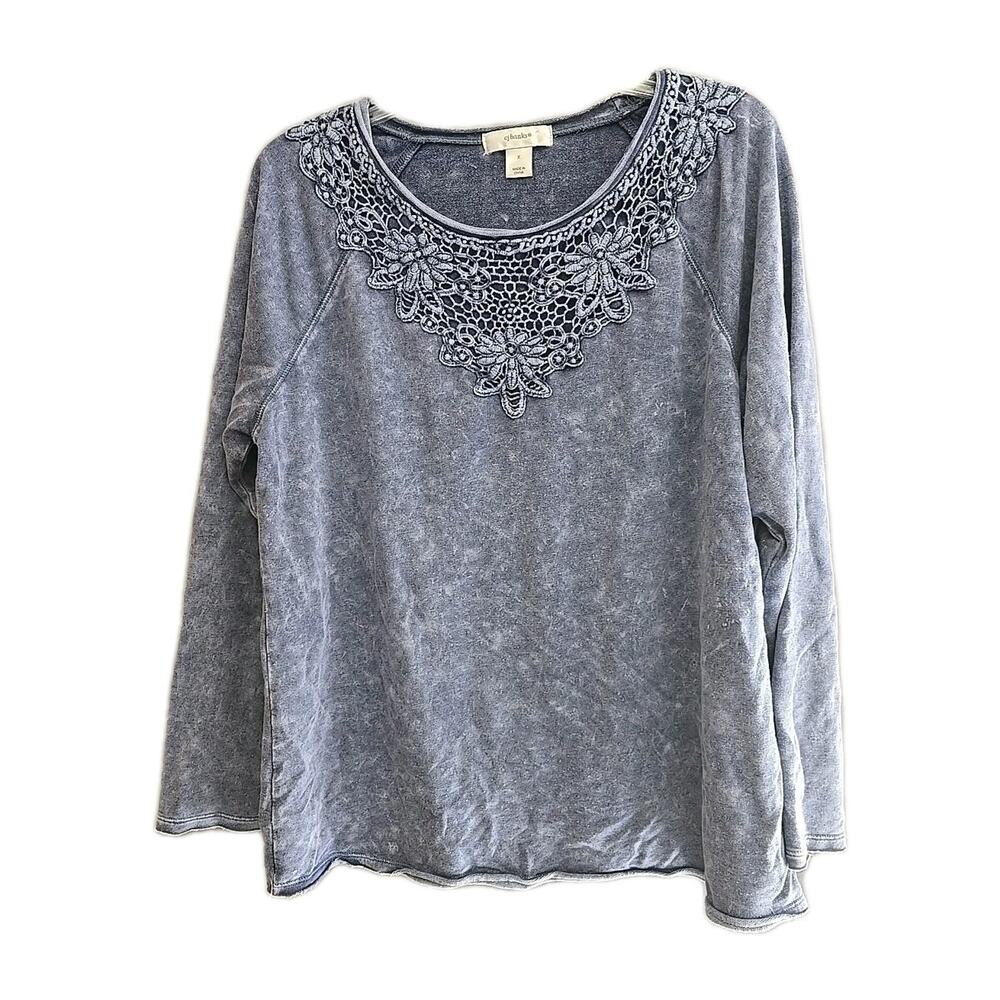 CJ‎ Banks Gray Embroidered Floral Washed Grunge Long Sleeve Top Womans Size 1X